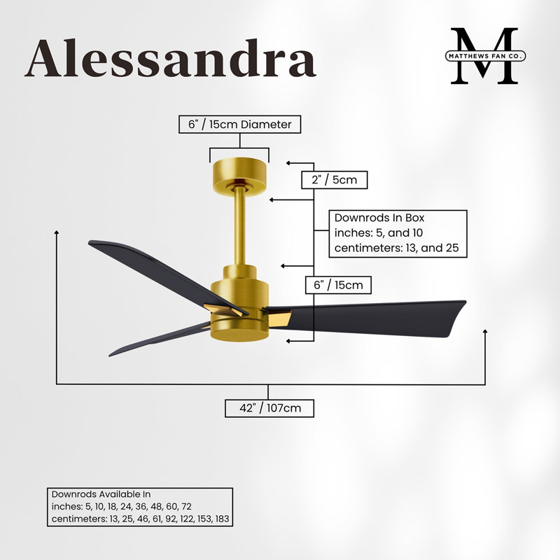 Alessandra Outdoor Downrod Ceiling Fan, Matte Black, Brushed Brass