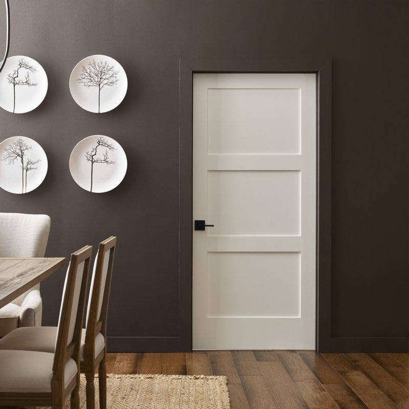 Primed MDF 3-Panel Right-Handed Interior Door with Satin Nickel Hinges