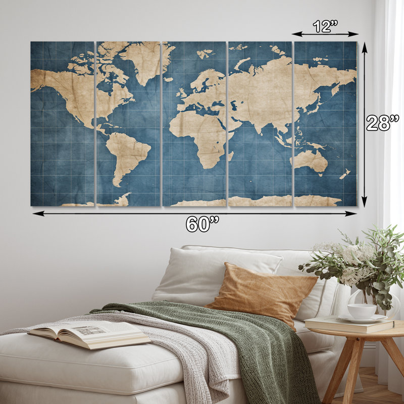 Ancienne carte du monde IV - cartes, reproduction d'art sur toile - 5 panneaux égaux