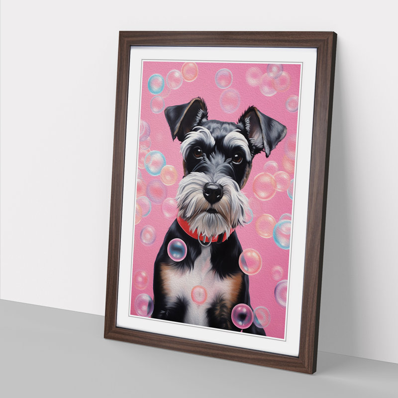 Schnauzer Bubble Gum Painting - Single Picture Frame Print on Wood, Walnut, 34cm H x 25cm W x 2cm D