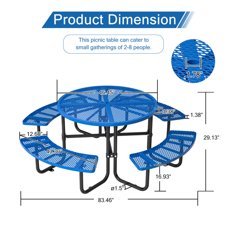 Ridenour Metal Picnic Table Dining Table with Umbrella Hole - Coated Steel Heavy Duty Commercial Grade Table, Sapphire
