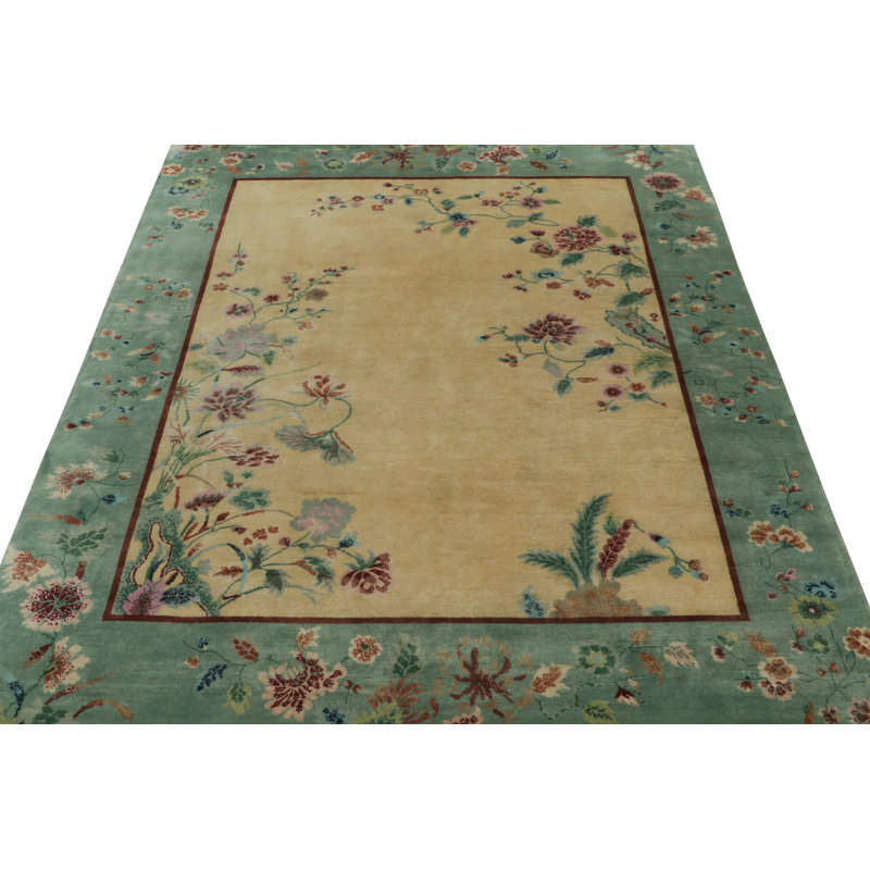 Rug & Kilim’S Chinese Style Art Deco Rug In Gold & Green With Multicolor Florals, Rectangle 10' x 14'