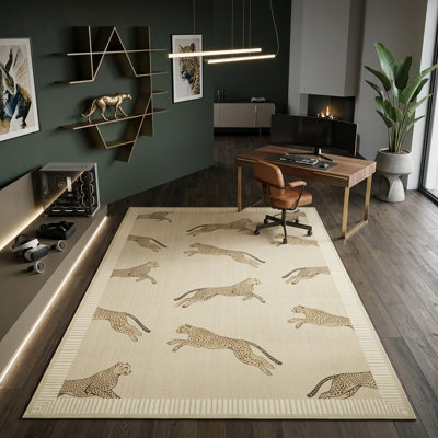 Modern Safari Cheetah Khaki Area Rug, Eclectic Animal Print Beige Living Room Rug, Washable Stain-Resistant Carpet