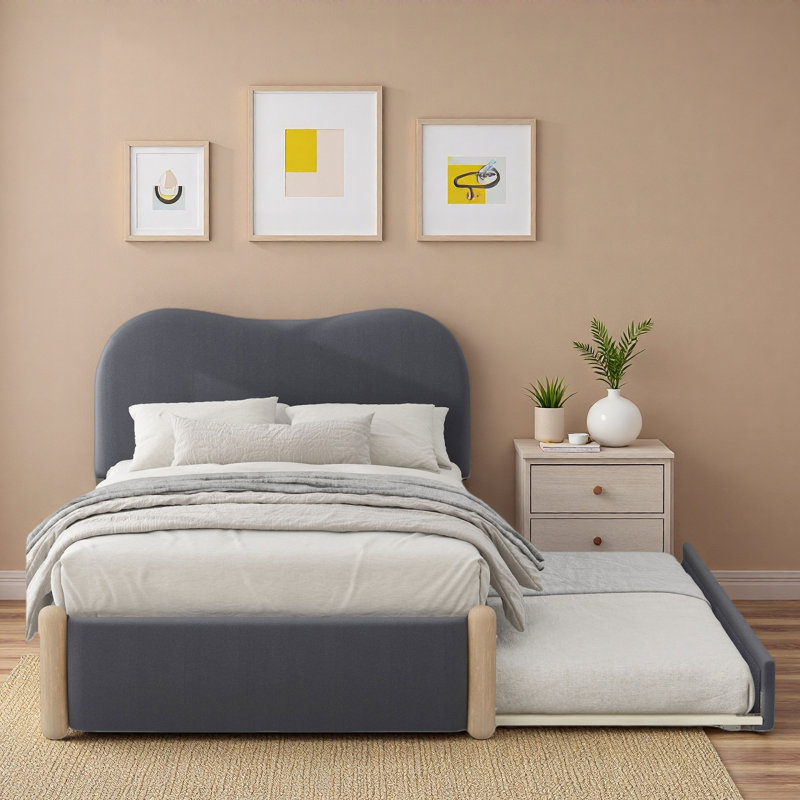 Lit plateforme tapissier avec lit gigogne, Gris, Lit simple