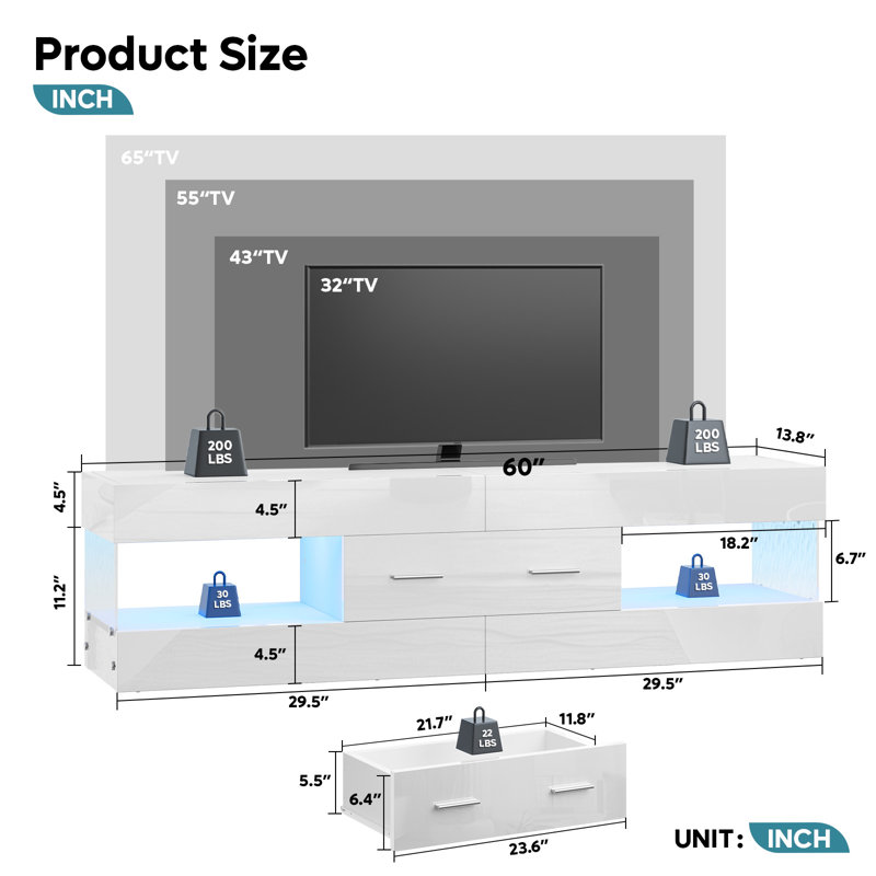 Kruszewski 60 inch  Glossy TV Stand Fits TV Up to 65 inch with Drawer and LED Light Stone Grain Media Console, White