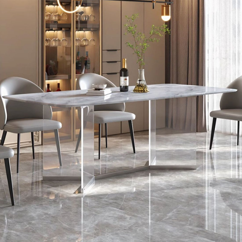 White Rectangular Marble Tabletop Dining Table, 29.53"H x 78.74"L x 39.37"W