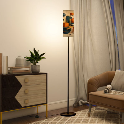  68.5" Standing Floor Lamp Abstract Geometric Composition Spheres Cubes Blue Orange Dimmable Metal Pole Lamp with Linen Lampshade LED Bulb Included