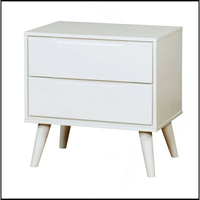 Mid-Century Modern White Color 1Pc Nightstand Bedroom Furniture Solid Wood Round Tapered Legs 2-Drawers Bedside Table