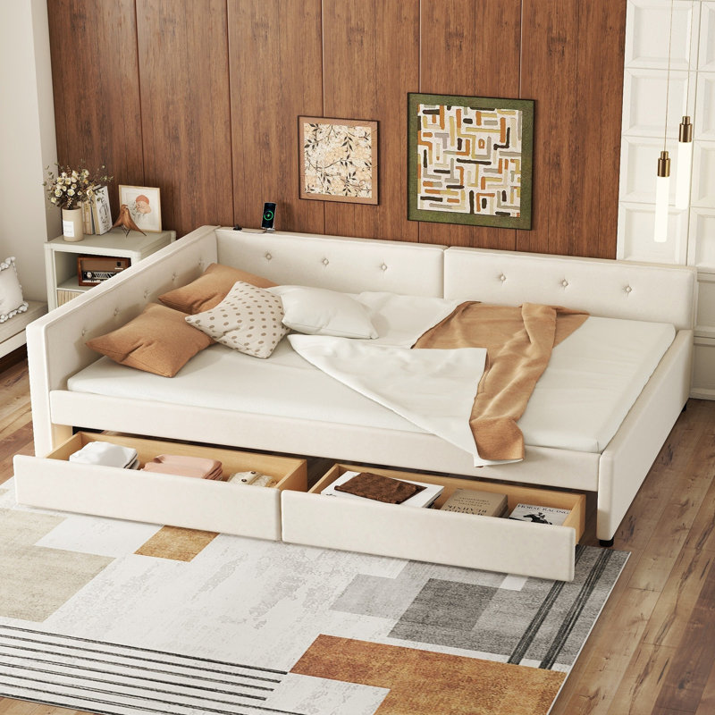 Upholstered Platform Bed with 2 Drawers and USB Charging Ports, Storage Bed Frame, Beige, Full / Double