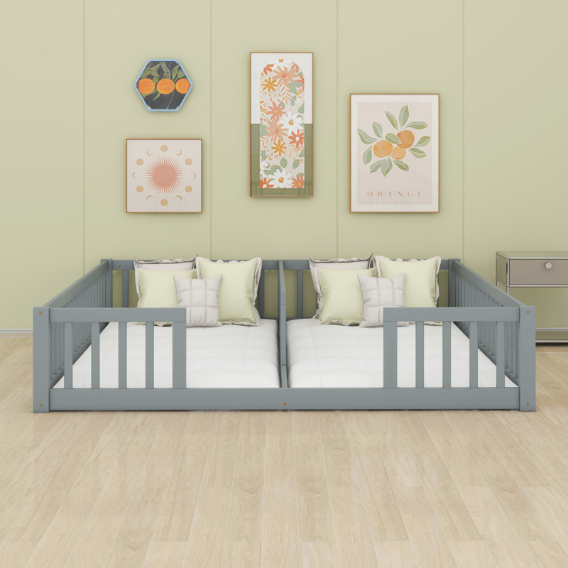Double Floor Bed With Fence, Guardrails, Grey