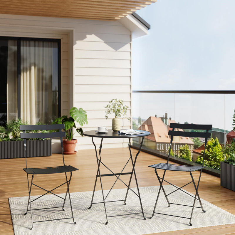3 Piece Outdoor Folding Bistro Set, Metal Frame Patio Table and Chairs, Foldable Balcony Furniture, Black