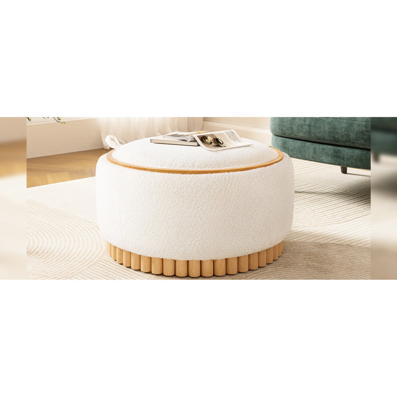 Rond de 29 po avec couvercle réversible, structure en bois, tissu bouclé, multifonctionnel, compartiment de rangement, repose-pieds pour espace de vie, rangement caché moderne, sans espace d'assemblage requis