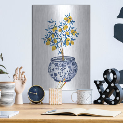 Art mural en métal luxueux «Lemon Tree In Chinoiserie 1» par Yvette St. Amant