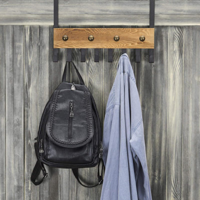 Porte-crochets au-dessus de la porte avec 8 crochets en métal - Porte-serviettes en bois brûlé rustique et en métal noir pour la salle de bain, la cuisine, la chambre à coucher ou le vestibule - Solution de rangement peu encombrante