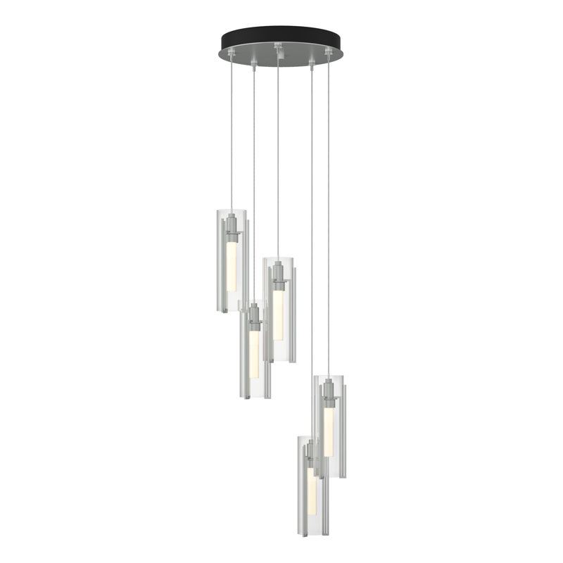 Luminaire suspendu cylindrique à 5 lumières Exos, Standard: 13 po à 80 po, Verre transparent, Platine rétro