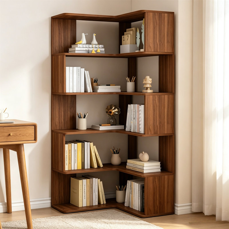 Étagère de coin, bibliothèque de coin en L, Noyer