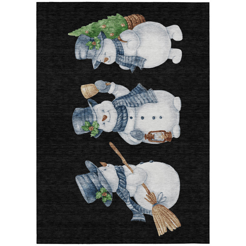 Machine Washable Indoor/Outdoor Christmas Snowman Xhevrie Black Rug, Rectangle 9' x 12'