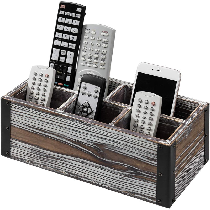 Porte-télécommande rustique en bois à 5 compartiments avec support de rangement multimédia