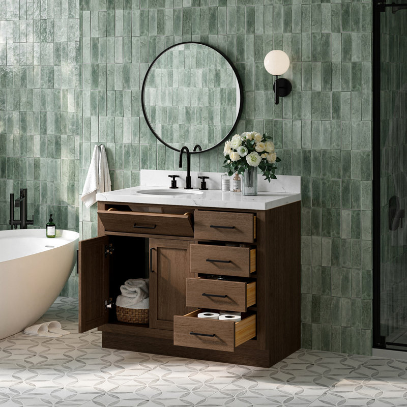 Meuble-lavabo simple en bois massif 42 po Tidworth avec plateau en quartz Carrara de 1,5 po, Gauche, Ovale, Chêne brun