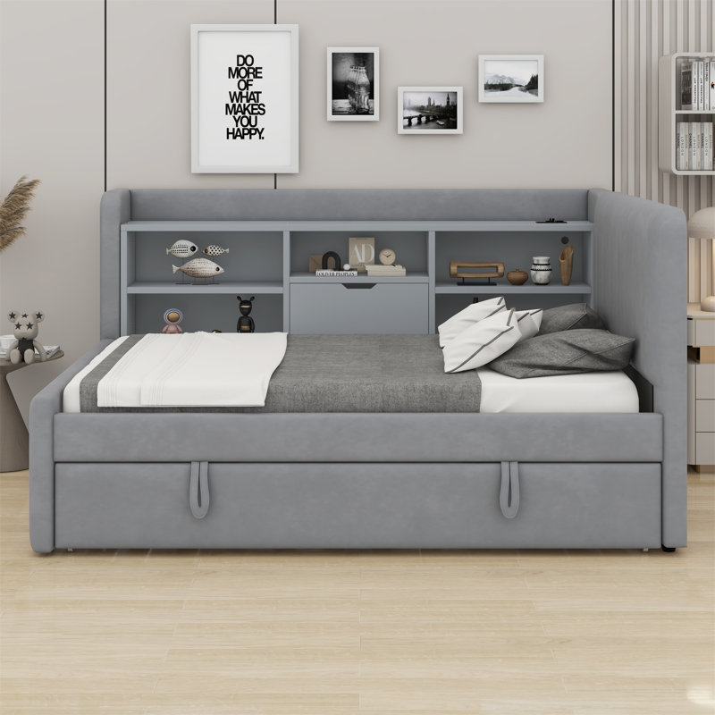 Upholstered Daybed With Trundle, Storage Shelves, USB & Outlet, Grey