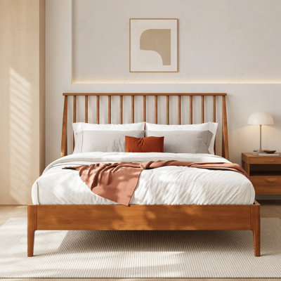 Tête de lit à fuseaux de 118 cm de hauteur, lit plateforme en bambou massif, lattes en bois et support en métal