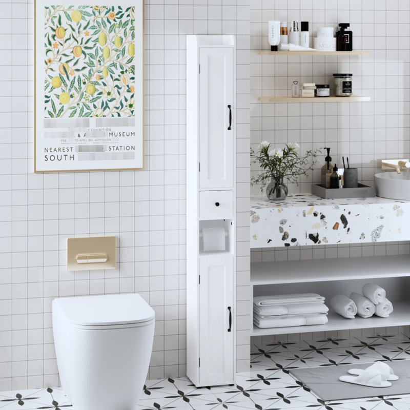 Armoire de rangement de salle de bain blanche 66,25 "de haute qualité avec 3 tablettes réglables, 2 portes, une pointe, pour les petits espaces dans les portes du salon, des compartiments ouverts, idéalement rénovée