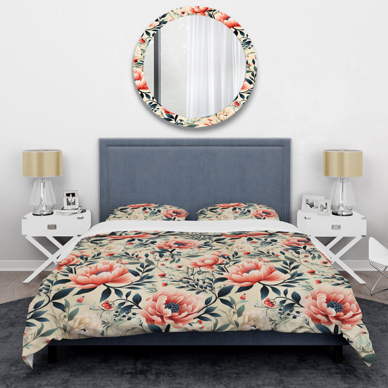 Literie élégante rouge et bleu sarcelle Blooming Gardens, Housse de couette simple + 1 taie décorative stan