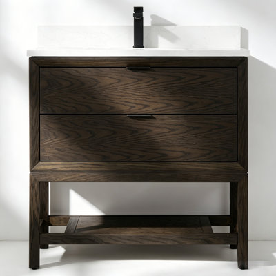 36" Transitional Medium Wood Bathroom Vanity with Engineered Marble Top