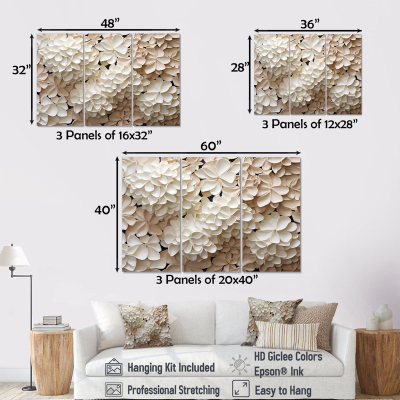 Rétro minimalisme hydrangée II - ensemble d'art mural hortensia, H 28 po x l 36 po x P 1 po, Toile tendue