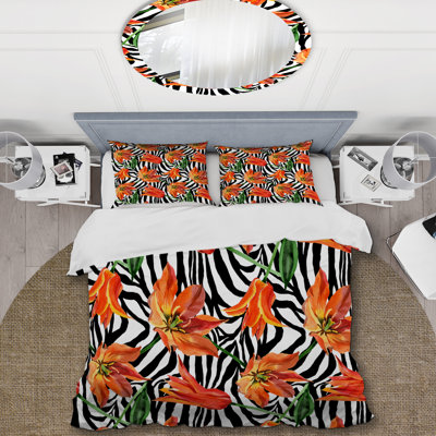 Orange Botanical Flowers - Ensemble de housse de couette floral - Polyester microfibre