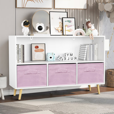Judene Wooden Bookcase with Three Removable Fabric Drawers