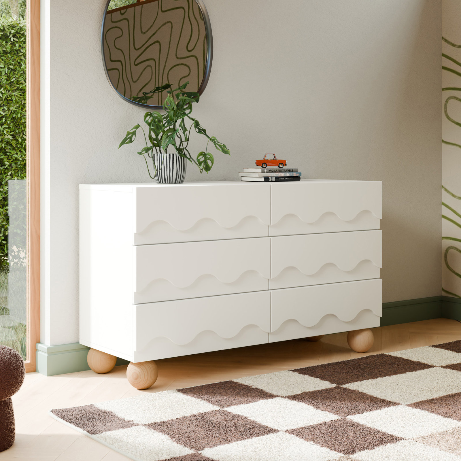 Lido Wave 6-Drawer Wide Assembled Dresser (56"), White/Honey