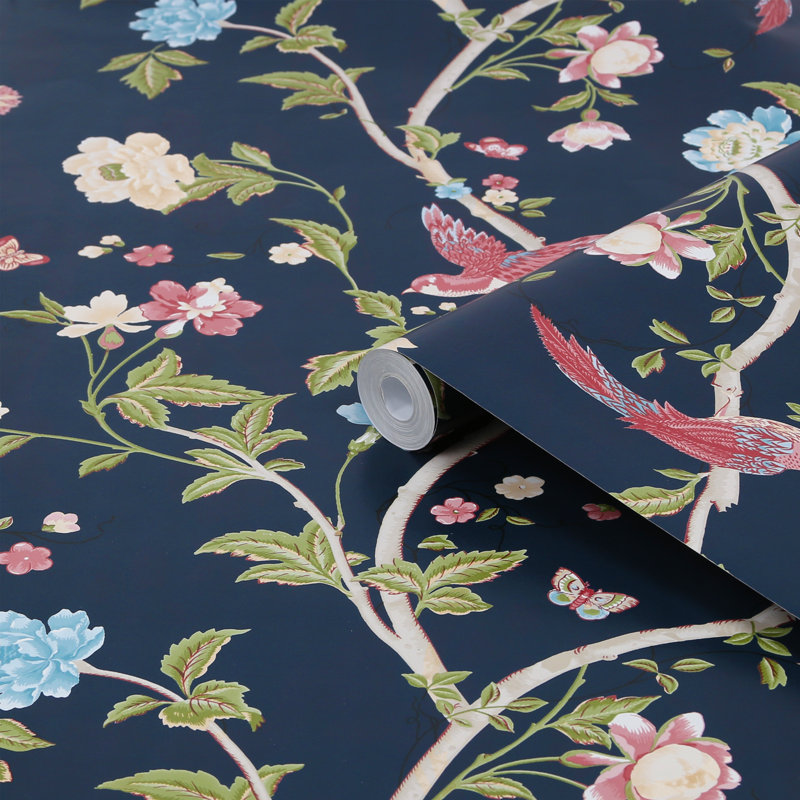 Summer Palace Sage and Apricot Removable Wallpaper, Midnight Blue