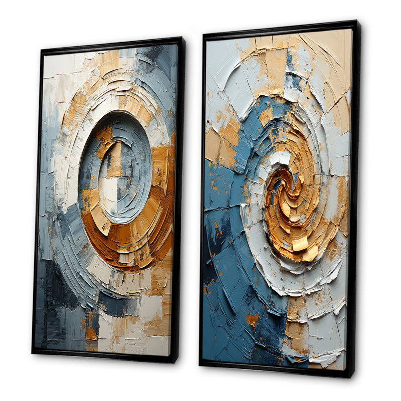 Chigusa - ensemble de 2 impressions sur toile à spirales abstraites, Cadre flottant noir, H 28 po x l 25 po