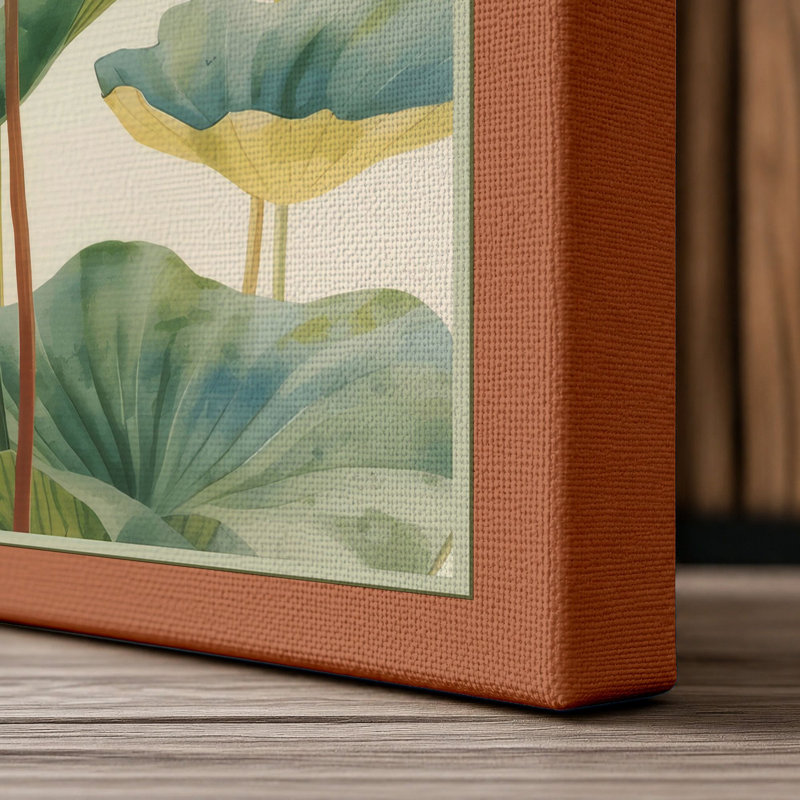 Lotus and Songbird Japandi - Wrapped Canvas, 24x16 - 61.0 x 40.6 cm, Terracotta Border