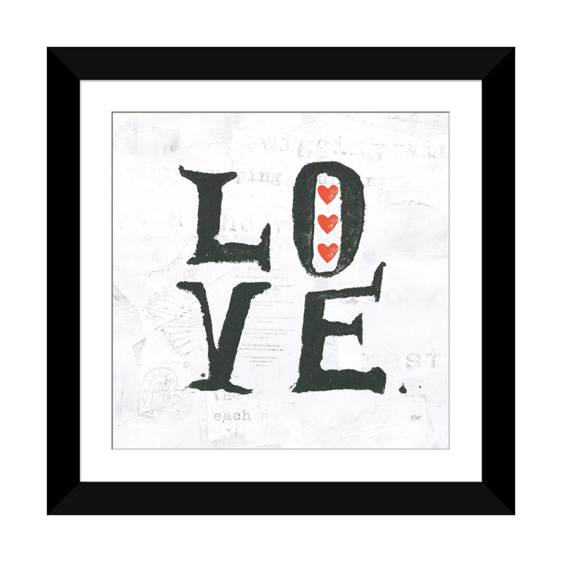 "Mots", "Love", art textuel sur toile tendue, H 24 po x l 24 po x P 1 po, Papier beaux-arts encadré noir, Blanc