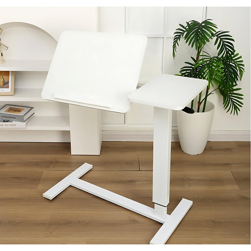 End Table Mobile Rolling Laptop Stand with Tilting Overbed Tray and Adjustable Height for Bedside Use, White/White