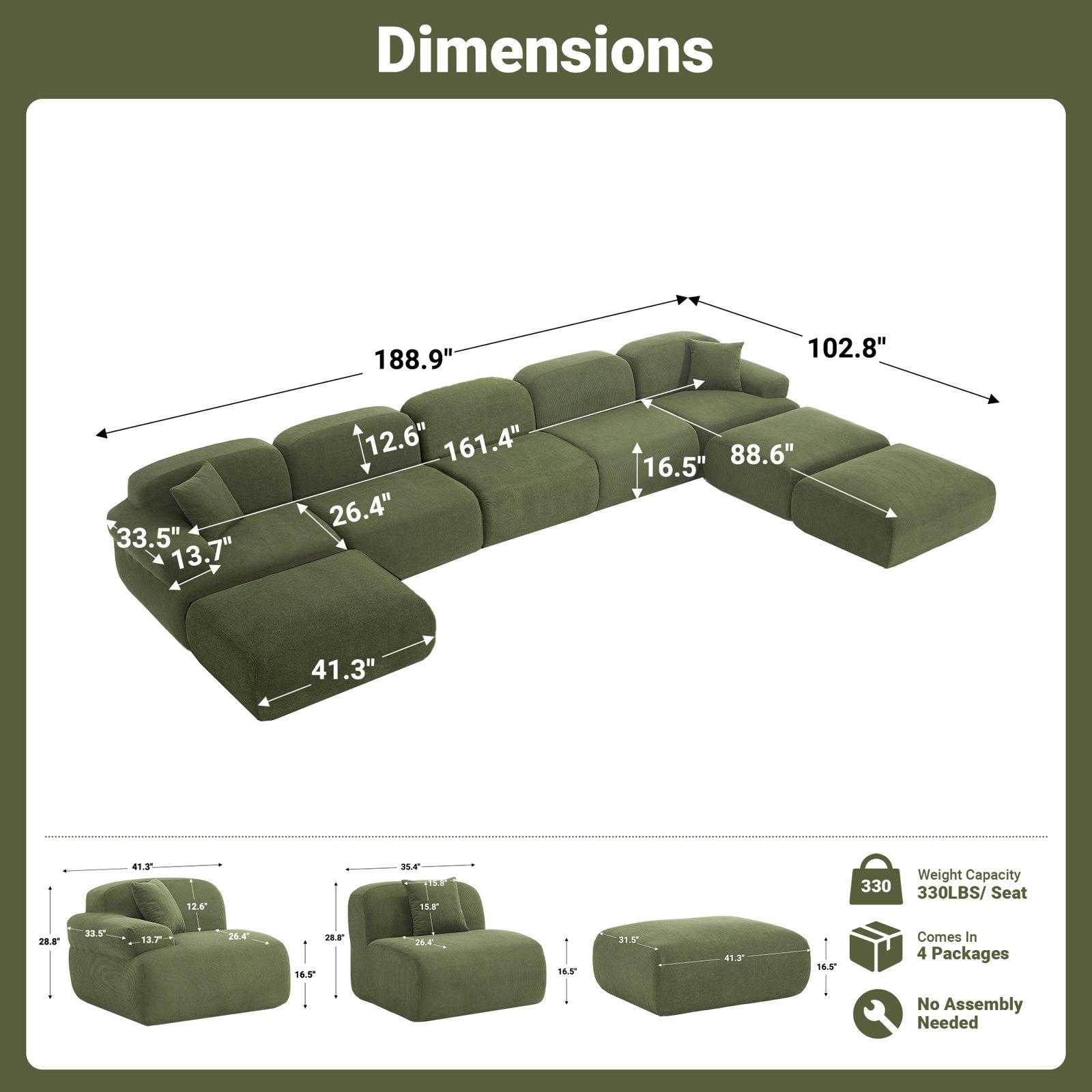 188" U Shaped Sectional Oversized Modular Sofa Chenille Corduroy Compression Sofa, Green Polyester Blend