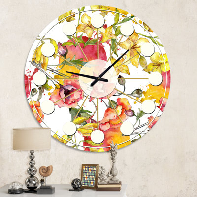 Retro Handdrawn Poppies IV - Mid-Century Modern wall clock