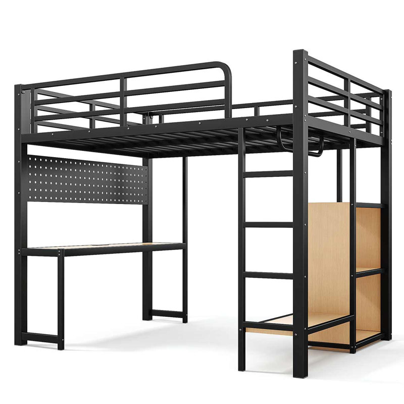 Lit mezzanine multifonctionnel avec bureau, tablettes de rangement, ports USB et lumières DEL, Full
