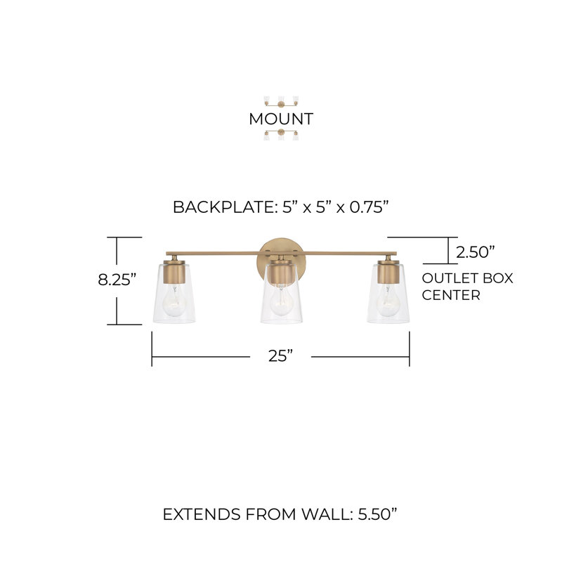 3 - Light Dimmable Vanity Light, Gold