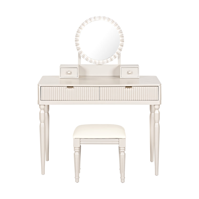 Luxury Vanity Desk With Round Mirror,height-adjustable, Stylish Dressing Table Set, 4 Drawers & Stool, Champagne 