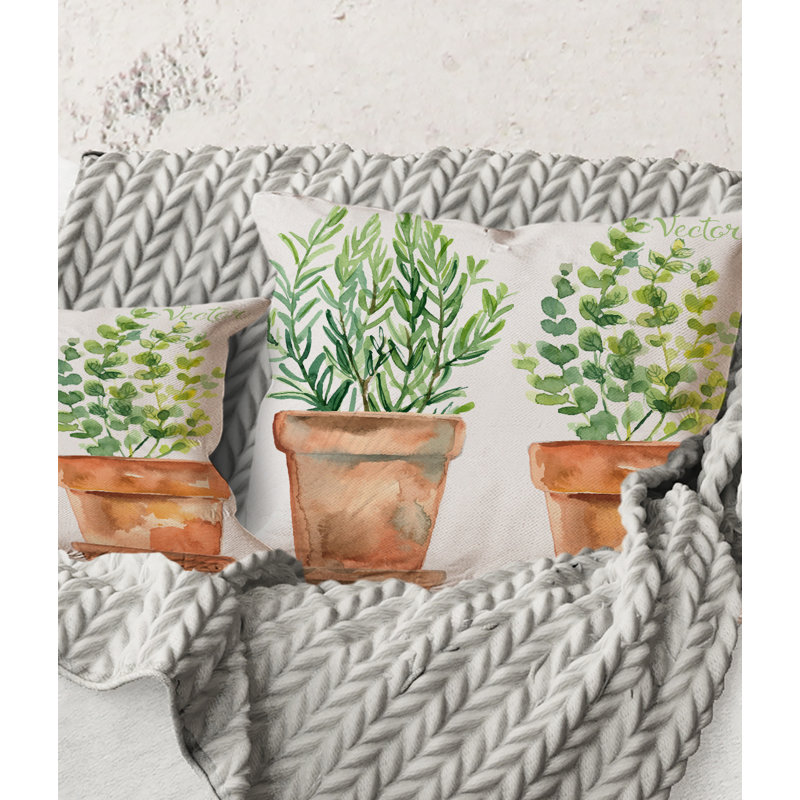 Carré, deux plantes vertes dans des pots de fleurs orange - Coussin décoratif traditionnel, 18" x 18"