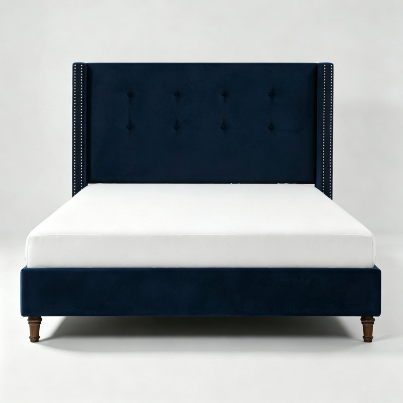 Lit tapissier 54 po en velours bleu avec tête de lit à oreilles et capitonnage à boutons, Bleu