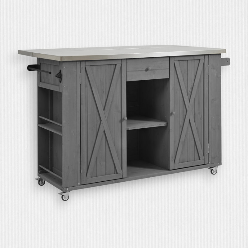 Fir Wood Kitchen Island with Stainless Steel Top, Gray