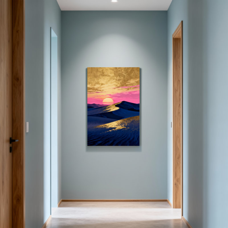 Paysage et nature Dunes du désert ciel coucher de soleil rose or bleu, H 30 po x l 20 po
