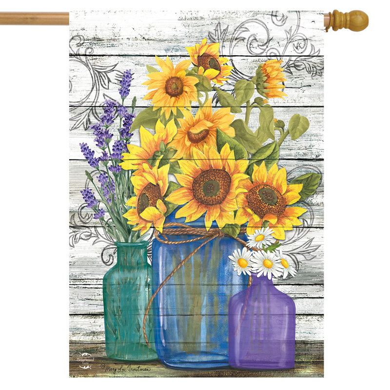 Drapeau de maison de campagne rustique tournesols, Jaune/Gris clair Été