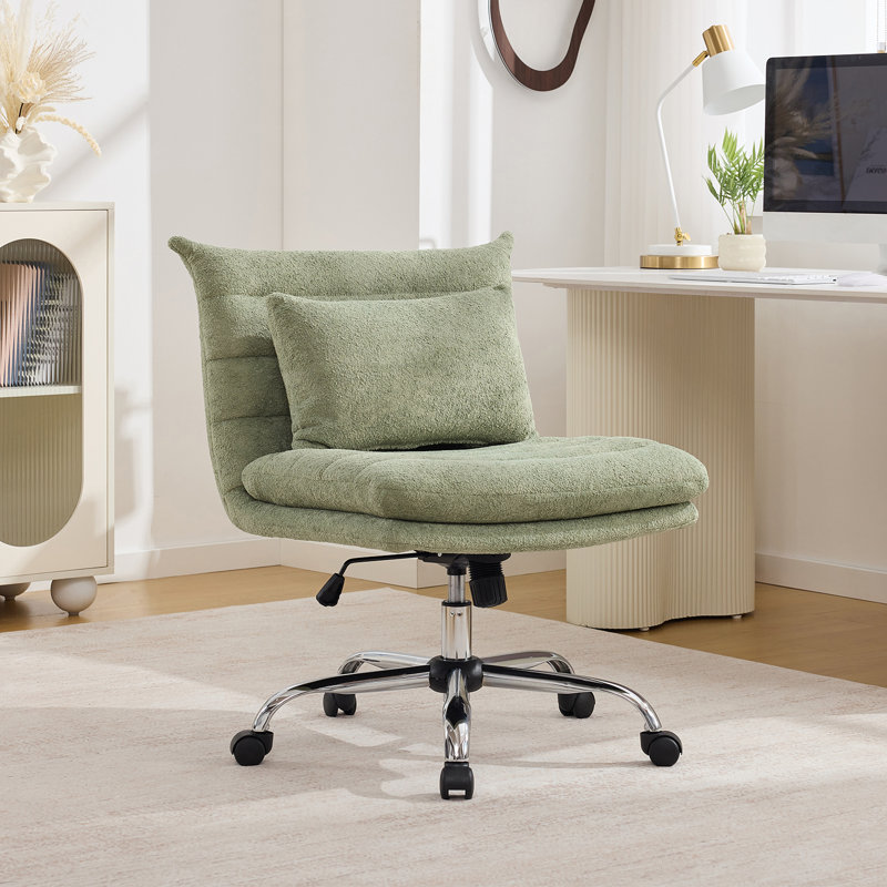 Armless Office Chair Soft Chenille Fabric Adjustable Height With Bonus Pillow And Wheels, Green