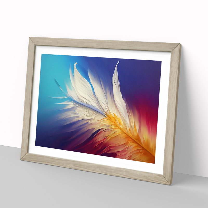 Harmonious Bird Feathers - Single Picture Frame Print, 46cm H x 64cm W x 2cm D, Oak