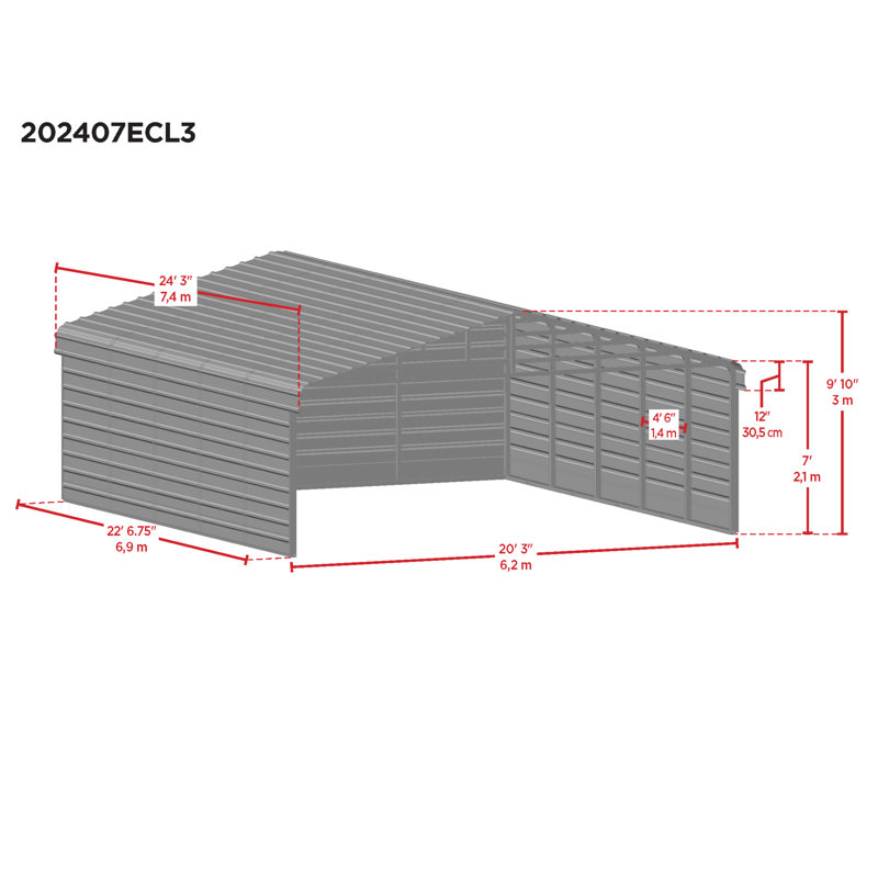 Steel Carport With 3 Wall Kits, 20X24X07, White